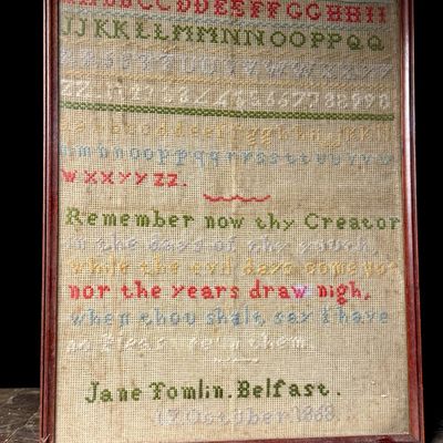 1868 Victorian Needlework Sampler by Jane Tomlin, Belfast, NY