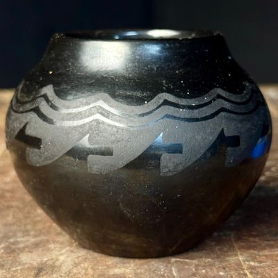 San Ildefonso Pueblo Black-on-Black Pottery Jar by Maria Martinez and Santana Roybal Martinez