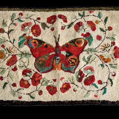 American Folk Art Hooked Wool Rug with Butterfly Motif