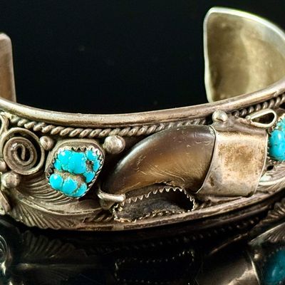 Melvin Thomas Jr Navajo Sterling Silver Bear Claw and Turquoise Cuff Bracelet