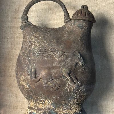 Cast Metal Oinochoe Vessel with Winged Quadruped Relief in Shadow Box Frame