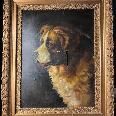 St. Bernard Portrait Oil on Academy Board Late 19th Century