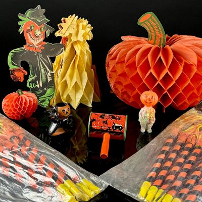 A Collection of Vintage Halloween Decorations and Party Favors featuring Rosbro Plastics