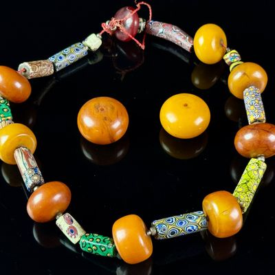 LG African Amber and Trade Bead Necklace and a Pair of Beads