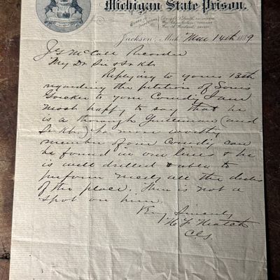 Hatch, H. F. Autograph Letter Signed (ALS) on Michigan State Prison Letterhead. Jackson, MI, 1889. (Signed)