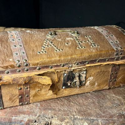 Antique 19th Century Domed Top Hair on Hide Document Box with Brass Tack Initials