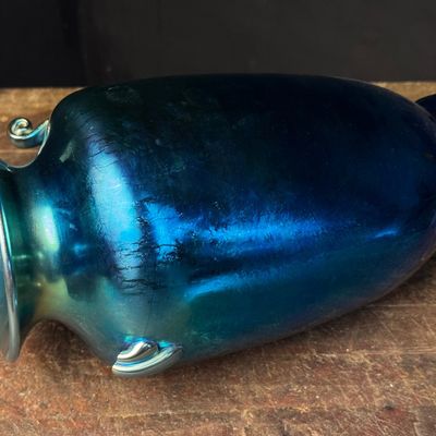 Steuben Blue Aurene Art Glass Vase with Scroll Handles