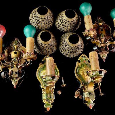 A Set of Four Art Nouveau Style Polychrome Cast Metal Wall Sconce Fixtures from the Langdon Mansion
