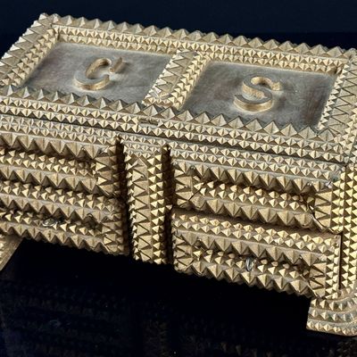 American Folk Art Tramp Art Gilt Wood Jewelry Box with Drawers