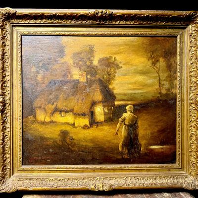 George Elmer Browne (American, 1871-1946), Tonalist Landscape with Cottage and Figure, 1902