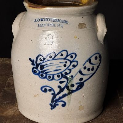 A.O. Whittemore Havana NY Two Gallon Stoneware Crock with Cobalt Bird Decoration