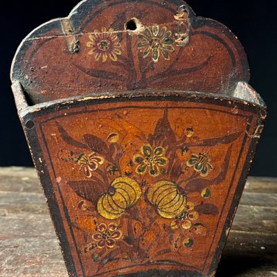 An Antique Hand-Painted Wooden Folk Art Hanging Wall Pocket