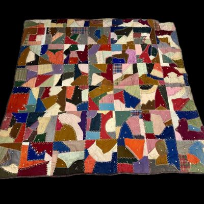 American Victorian Era Hand-Stitched Mixed Fabric Crazy Quilt
