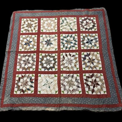 Antique American Hand Pieced and Hand Quilted Cotton Star Pattern Scrap Quilt