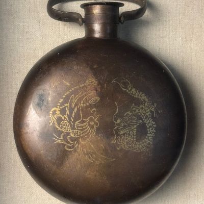 Chinese Patinated Bronze Flask with Dragon and Phoenix Decoration in Shadowbox Frame