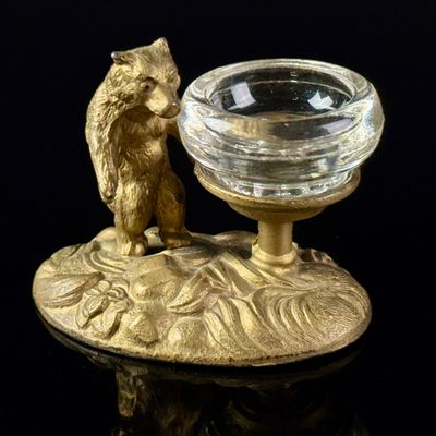 Antique Gilt Spelter Figural Bear Master Salt with Glass Liner
