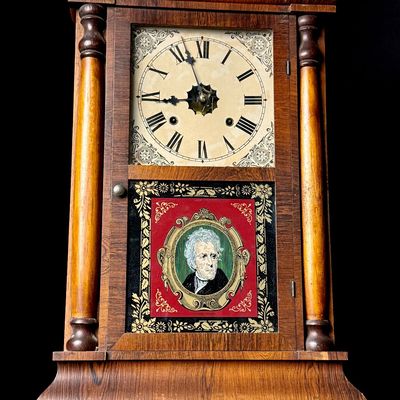 Waterbury Clock Co. Mahogany Ogee Mantel Clock with Andrew Jackson Portrait