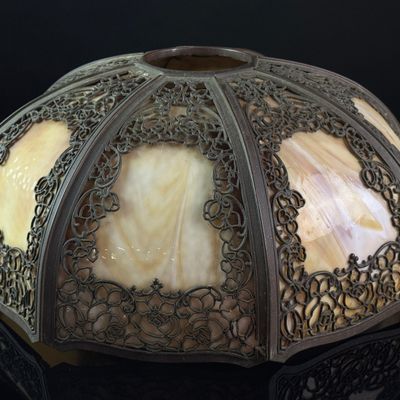 Octagonal  Slag Glass and Metal Rose Overlay Lamp Shade