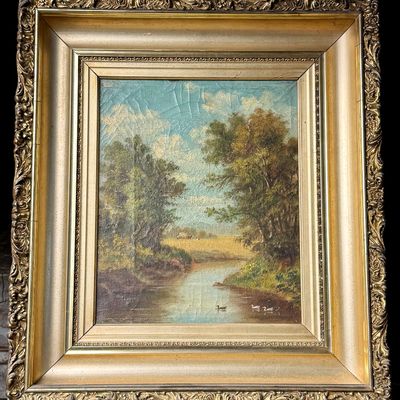 1800's Pastoral River Landscape Oil Painting