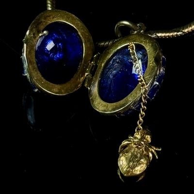10K Gold Blue Guilloche Enamel Spiderweb Surprise Locket Necklace