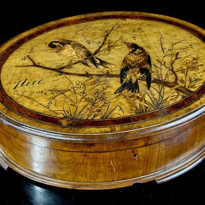 Victorian Olive Wood Box with Bird Marquetry and Nice Inscription