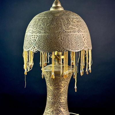 Syrian Pierced Brass Calligraphic Table Lamp with Glass Bead Fringe
