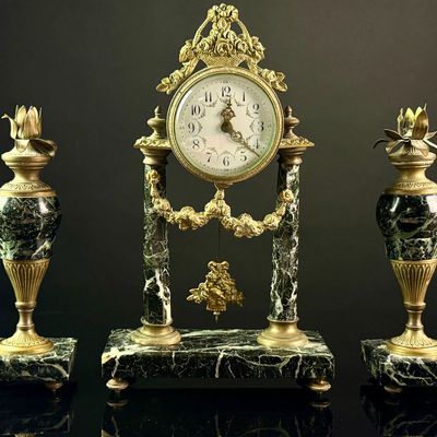 A Three-Piece Louis XVI Revival Marble and Gilt Metal Clock Garniture by J. L. Lot and A. Boys