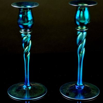 A Pair of Steuben Blue Aurene Art Glass Candlesticks, Shape 686