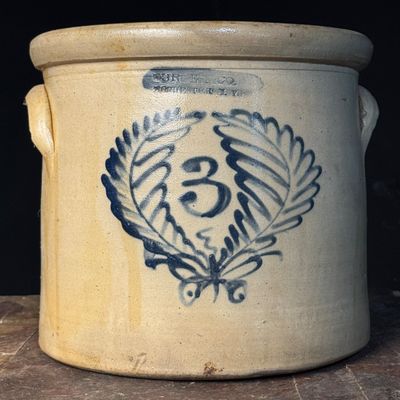 Burger and Co. Rochester New York Three Gallon Stoneware Crock with Cobalt Wreath Decoration