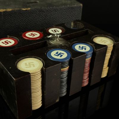 Pre WW2 Swastika Whirling Log Poker Set with Wooden Carousel and Original Box