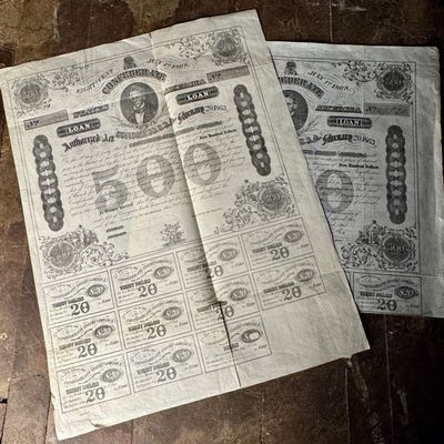 A Pair of 1863 Confederate States of America $500 Loan Bonds with Unclipped Coupons