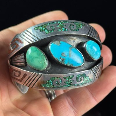 Della and Oscar Chino Acoma Pueblo Silver and Turquoise Wide Cuff Bracelet