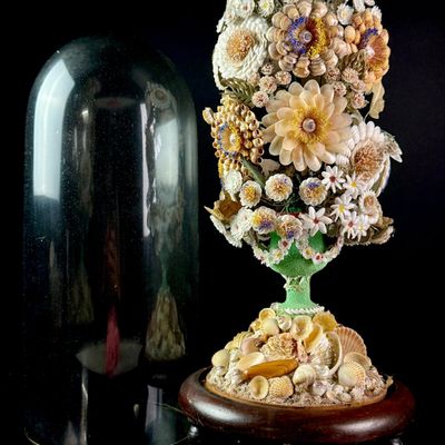 Large 19th Century Folk Art Shellwork Floral Bouquet Under Glass Dome