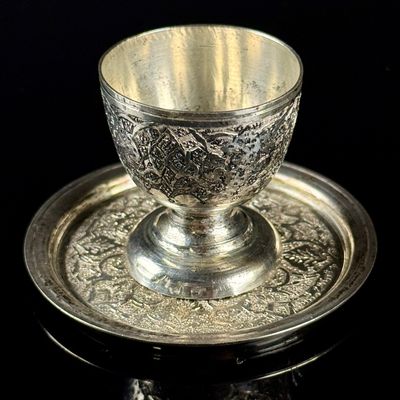 Persian Silver Small Goblet and Saucer Set, Isfahan Ghalam-zani Style, .875 Fine