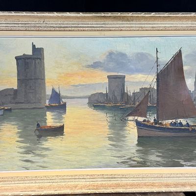 J. Freuguey, Harbor Scene in La Rochelle, France, Oil on Canvas