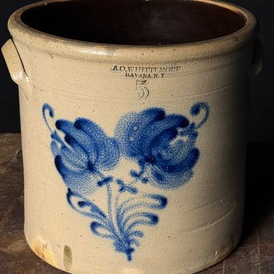 A.O. Whittemore Havana New York Two Gallon Stoneware Crock with Cobalt Floral Decoration