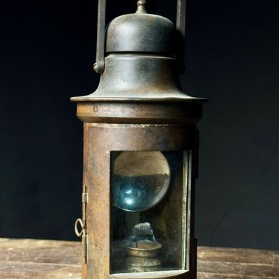 Antique Copper and Brass Bullseye Hand Lantern with Internal Burner Assembly