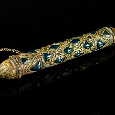Large Antique Ornate Enamel and Brass Champleve Scroll Holder with Peacock Eye Motif