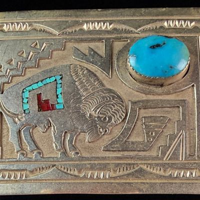 Sale Photo Thumbnail #82: Navajo Sterling Silver and Turquoise Bison Belt Buckle