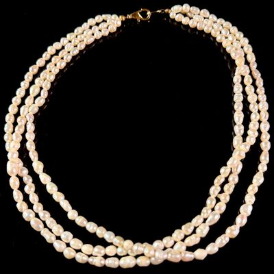 Sale Photo Thumbnail #147: Triple-Strand Freshwater Rice Pearl Necklace with Yellow Metal Lobster Claw Clasp