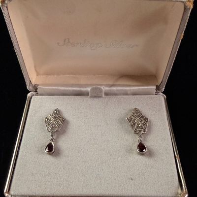 Sale Photo Thumbnail #138: A Pair of Sterling Silver Marcasite and Garnet Art Deco Style Drop Earrings