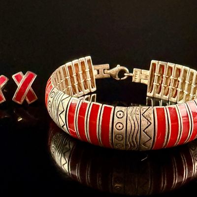 Sale Photo Thumbnail #2: A Sterling Silver and Red Inlay Link Bracelet and Matching Earring Set