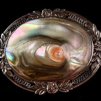 Sale Photo Thumbnail #123: Vintage Sterling Silver and Abalone Shell Floral Openwork Brooch