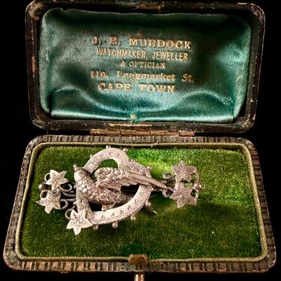 Sale Photo Thumbnail #216: Edwardian Sterling Silver Bird Heart and Ivy Sweetheart Brooch in Original Retailer Box 1901
