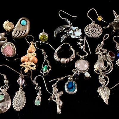 Sale Photo Thumbnail #13: An Assortment of Sterling Silver Single Earrings and Charms with Gemstones