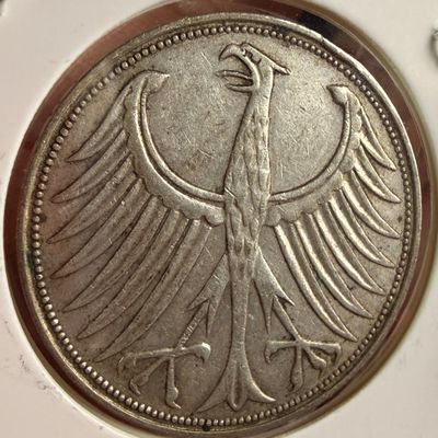 Sale Photo Thumbnail #48: 1951 G Federal Republic of Germany Silver 5 Deutsche Mark Coin