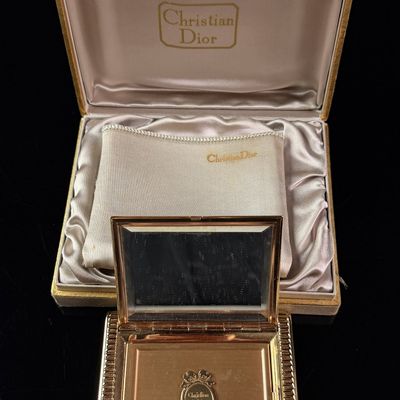 Sale Photo Thumbnail #21: Vintage Christian Dior Gold Tone Ribbed Powder Compact with Original Box and Pouch