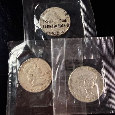 Sale Photo Thumbnail #143: Three US 90% Silver Franklin Half Dollars, 1952-S, 1954, and 1961-D