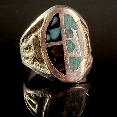 Sale Photo Thumbnail #209: Southwestern Style Sterling Silver Multi-Stone Chip Inlay Signet Ring