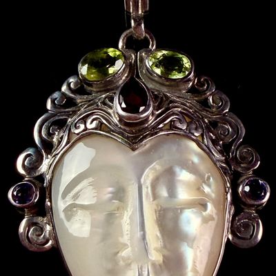 Sale Photo Thumbnail #137: Sterling Silver and Multi-Gemstone Carved Mother-of-Pearl Face Pendant